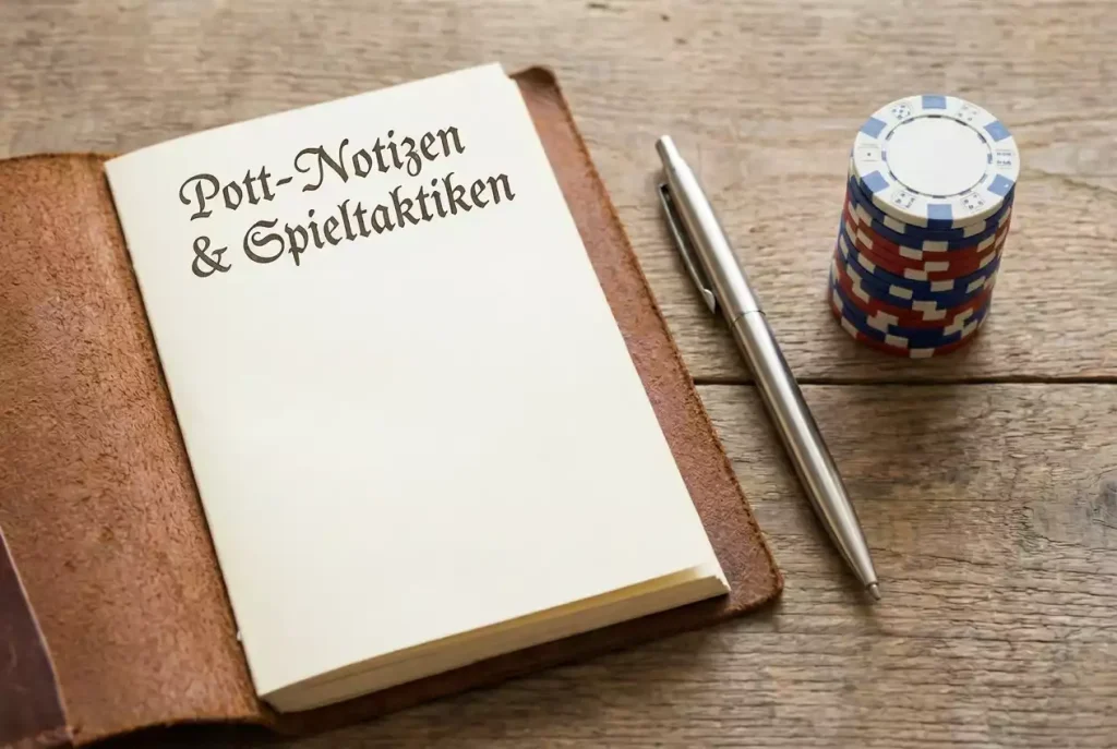 Notizbuch mit Stift und gestapelte Pokerchips auf einem Holztisch