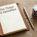 Notizbuch mit Stift und gestapelte Pokerchips auf einem Holztisch
