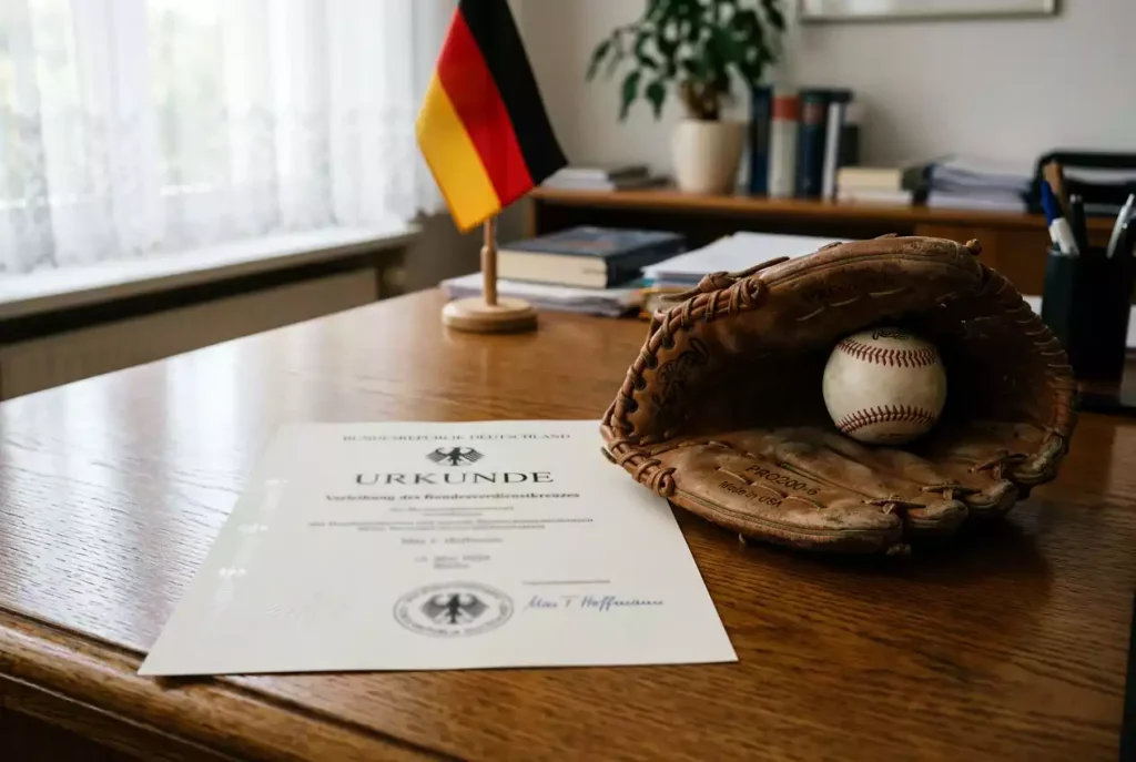 Deutsche GGL-Lizenzurkunde neben einem Baseball-Handschuh auf einem Schreibtisch