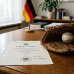 Deutsche GGL-Lizenzurkunde neben einem Baseball-Handschuh auf einem Schreibtisch