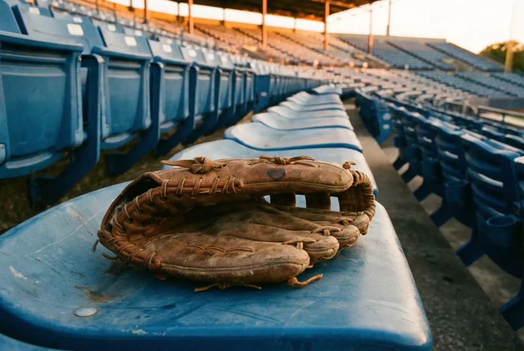 Baseballhandschuh auf einer leeren Zuschauertribüne bei Dämmerung