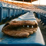 Baseballhandschuh auf einer leeren Zuschauertribüne bei Dämmerung