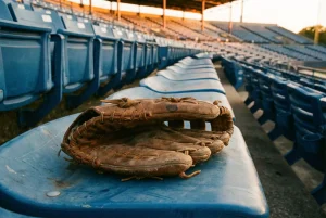 Baseballhandschuh auf einer leeren Zuschauertribüne bei Dämmerung