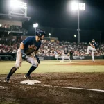 Baseball-Läufer steht auf der zweiten Base in einem Extra-Innings-Szenario bei einem MLB-Nachtspiel