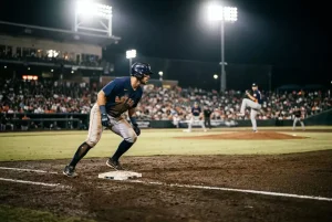 Baseball-Läufer steht auf der zweiten Base in einem Extra-Innings-Szenario bei einem MLB-Nachtspiel