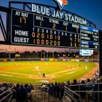 Baseball-Anzeigetafel mit Inning-für-Inning-Ergebnissen während eines MLB-Spiels