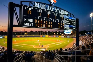 Baseball-Anzeigetafel mit Inning-für-Inning-Ergebnissen während eines MLB-Spiels