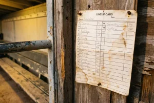 Aufstellungstafel mit Spielernamen in einem Baseball-Dugout