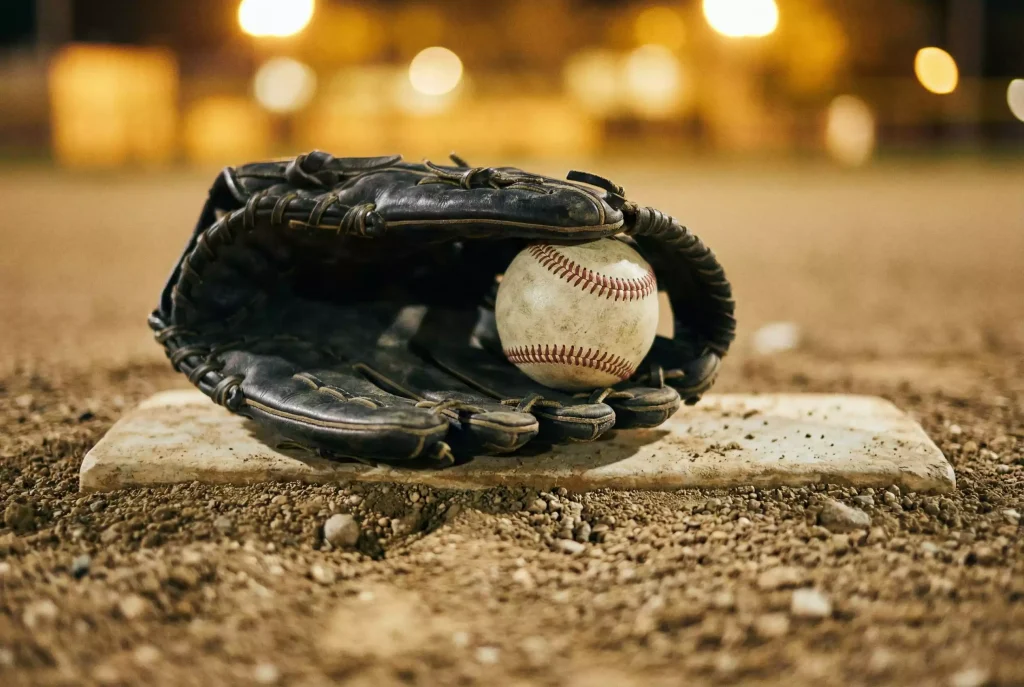 Nahaufnahme eines Baseballhandschuhs mit Ball auf dem Pitcherhügel