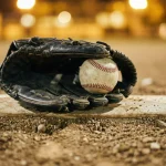 Nahaufnahme eines Baseballhandschuhs mit Ball auf dem Pitcherhügel