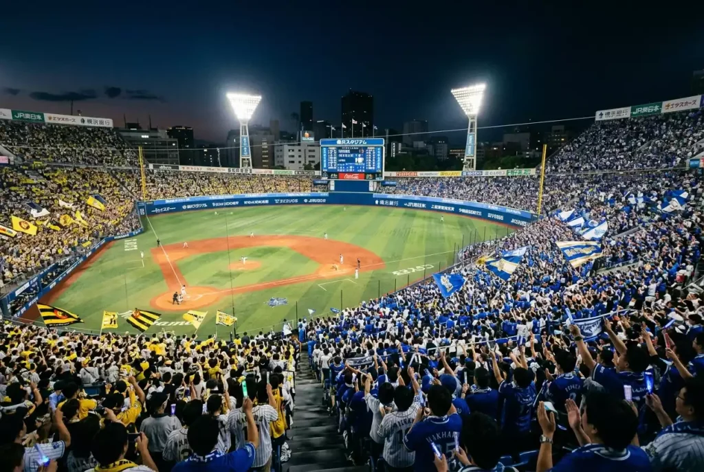 Japanisches Baseball-Stadion der NPB mit Zuschauern und Spielfeld während eines Abendspiels