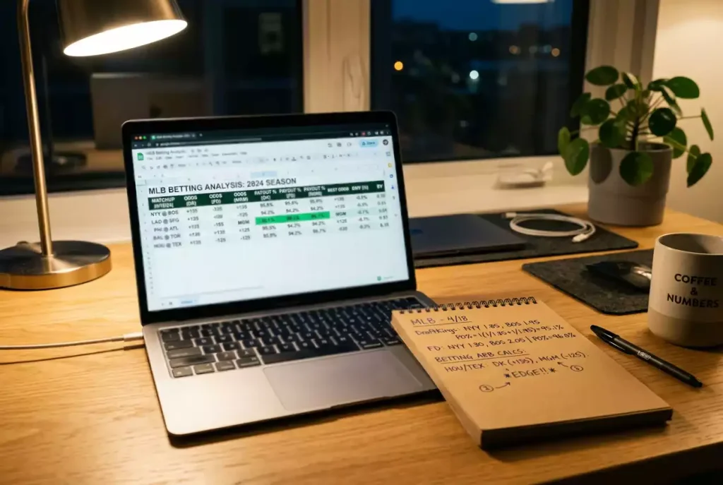 Vergleichstabelle mit Baseball-Auszahlungsquoten verschiedener Wettanbieter auf einem Laptop-Bildschirm