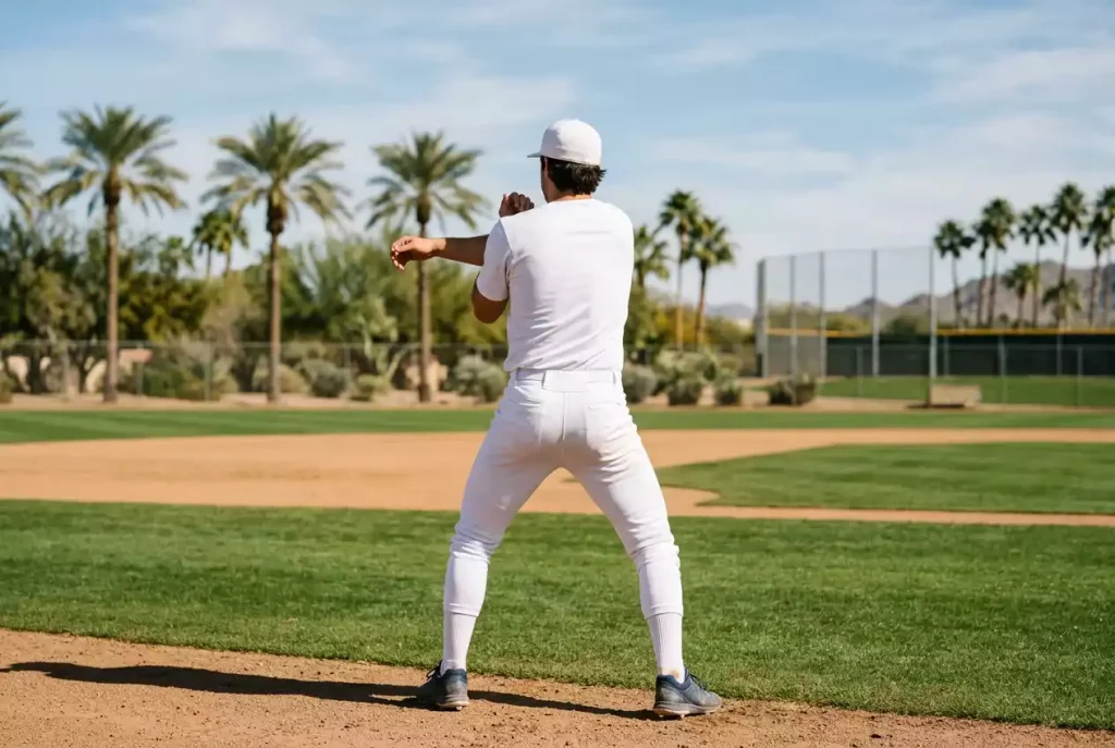 Baseballspieler beim Aufwärmen auf einem Trainingsplatz in der Sonne