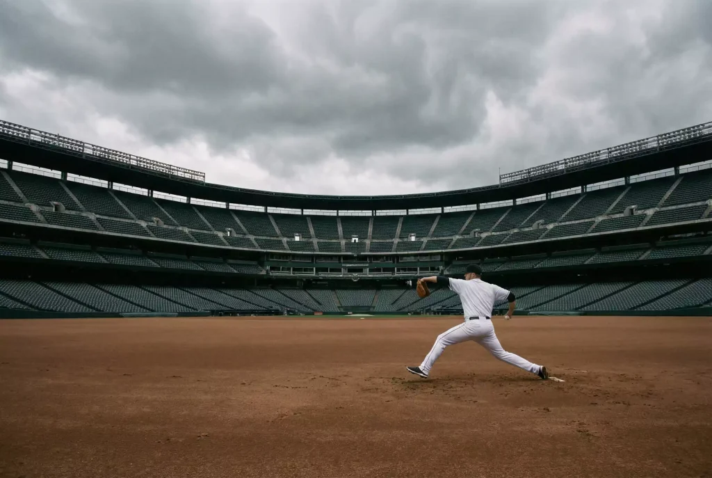 Einzelner Baseballspieler im Aufwärmbereich eines leeren Stadions