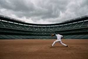 Einzelner Baseballspieler im Aufwärmbereich eines leeren Stadions