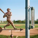 Windfahne und Thermometer neben einem Baseballfeld bei Tageslicht