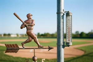 Windfahne und Thermometer neben einem Baseballfeld bei Tageslicht