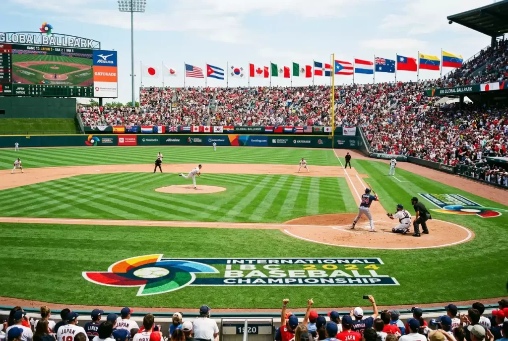 World Baseball Classic Spielfeld mit Nationalflaggen und internationalem Baseball-Turnier-Ambiente