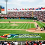 World Baseball Classic Spielfeld mit Nationalflaggen und internationalem Baseball-Turnier-Ambiente