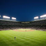 Baseballstadion bei Flutlicht während eines Abendspiels