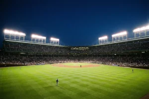 Baseballstadion bei Flutlicht während eines Abendspiels